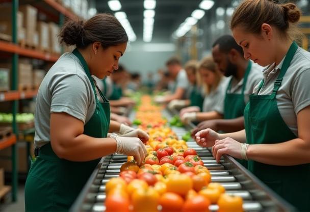 Harvest Fresh Produce team members sorting and packing fresh fruit.