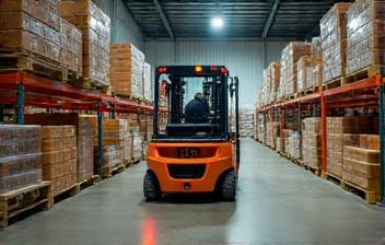 Forklift moving produce crates in a warehouse