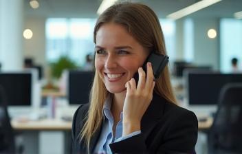 Person on phone in an office with produce in background
