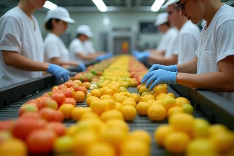 Employees working on a fruit packing line